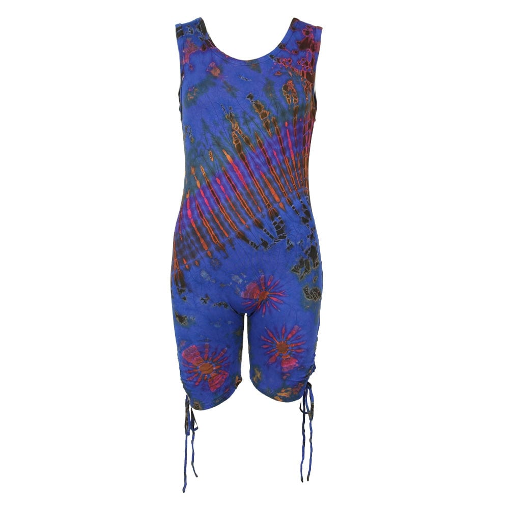 Side view of luxury tie dye bodycon romper featuring adjustable ties and stylish vest top, accentuating a contemporary look.