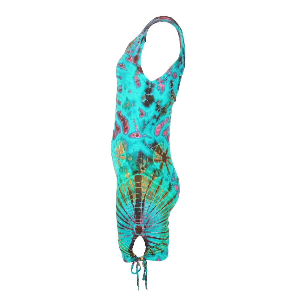 Close-up of the deep scooped back design of the luxury tie dye bodycon romper, highlighting its unique and quirky fashion details.