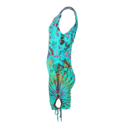Close-up of the deep scooped back design of the luxury tie dye bodycon romper, highlighting its unique and quirky fashion details.