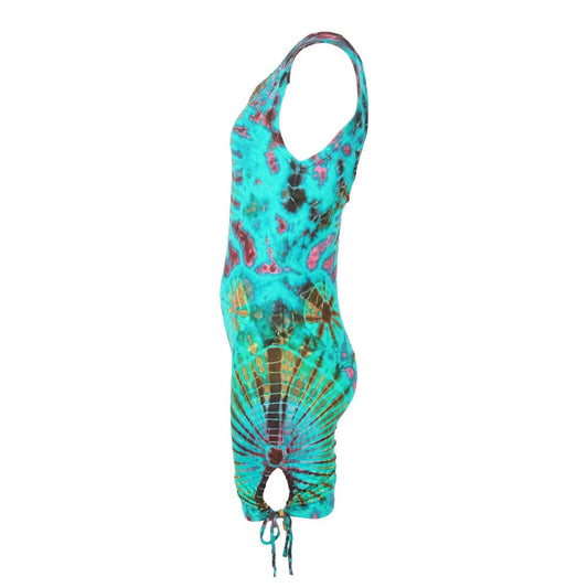 Close-up of the deep scooped back design of the luxury tie dye bodycon romper, highlighting its unique and quirky fashion details.