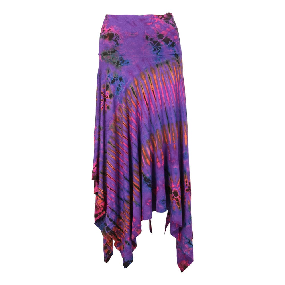 Luxurious Tie Dye Midi Skirt with a flowing design and wide waistband, perfect for versatile styling. Available in sizes UK 14-18, ideal for fashion-forward individuals.