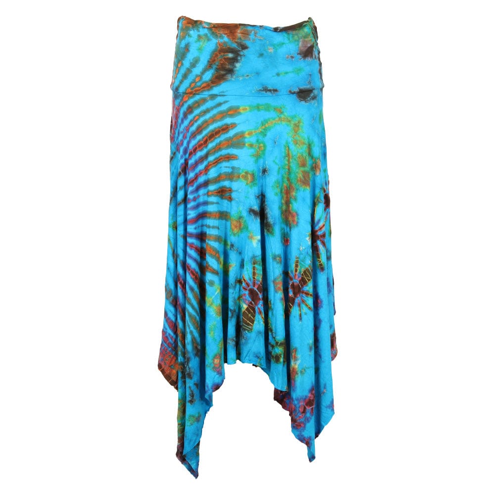 Luxurious Floaty Tie Dye Midi Skirt with Hanky Hem, showcasing a vibrant array of colours, perfect for a stylish UK size S/M (UK 8-14) and L/XL (UK 14-18) fashion statement.