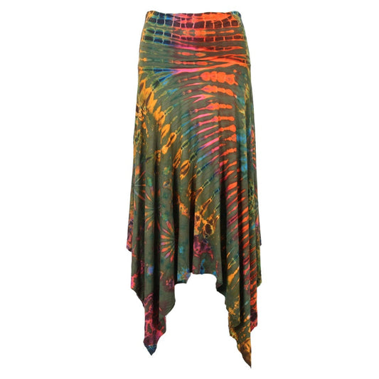 Elegant Floaty Tie Dye Midi Skirt featuring a dramatic hanky hem, showcasing vibrant colours and flattering silhouette. Ideal for stylish women in sizes UK 8-14.