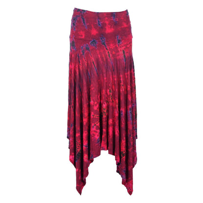 Luxurious floaty tie dye midi skirt with hanky hem, showcasing vibrant colours and flattering silhouette. Ideal for stylish layering and creative outfit combinations.