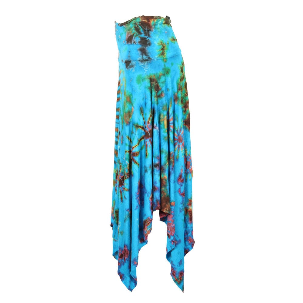 Close-up view of the soft, stretchy fabric of the trendy tie dye midi skirt, highlighting its unique patterns and chic wide waistband.