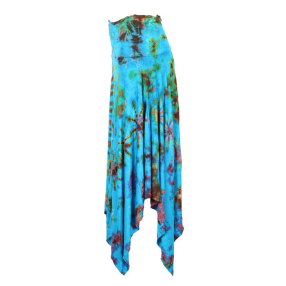 Close-up view of the soft, stretchy fabric of the trendy tie dye midi skirt, highlighting its unique patterns and chic wide waistband.
