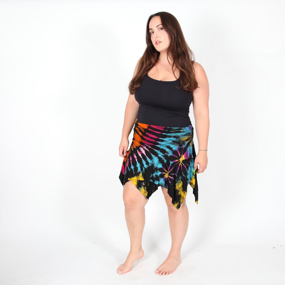 Chic close-up of a unique tie dye mini skirt with layered hanky hem, revealing rich textures and color variations, embodies luxury summer fashion.