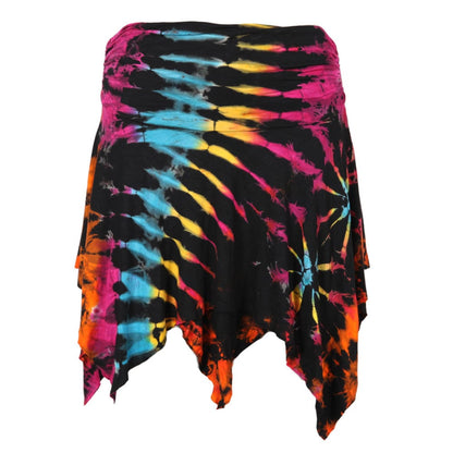 Stunning tie dye mini skirt with a floaty design and soft elastic fabric, ideal for casual elegance in warm summer days.