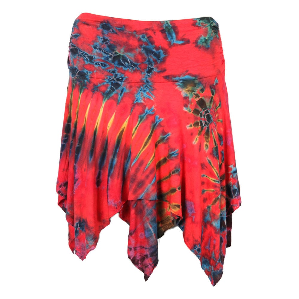 Fashion-forward tie dye mini skirt showcasing a unique asymmetric hem and comfortable stretch fit, epitomizing luxury summer fashion.
