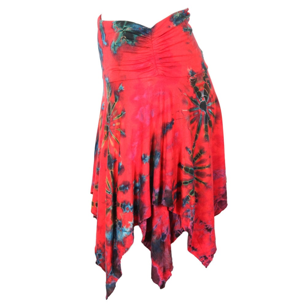 Elegant model showcasing a tie dye hanky hem mini skirt, accentuated by ruching features, ideal for versatile summer outfits, crafted by The Hippy Clothing Co.
