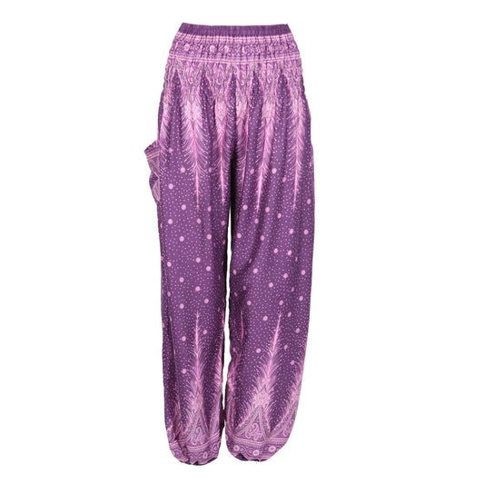 Luxury grey feather print harem trousers for women, designed for UK sizes 8-16, showcasing elegant rayon fabric and a comfortable elasticated waistband.