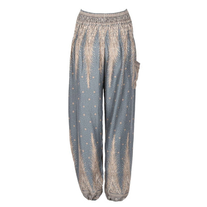 Beautiful pinky purple harem trousers for women, showcasing a lovely feather design, great for casual and vibrant looks - One size fits UK 8-16.