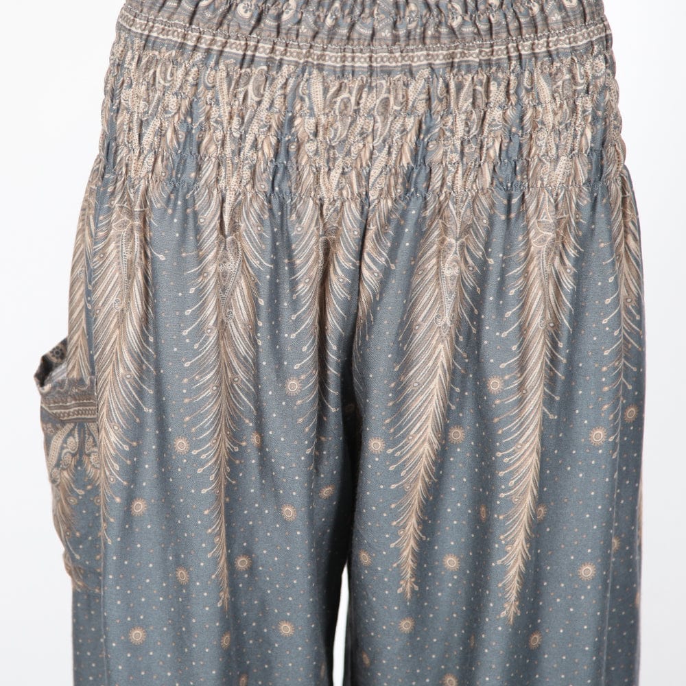Stylish women's harem trousers in grey with beige-gold feather detailing, designed for comfort and trendy summer fashion - One size fits UK 8-16.