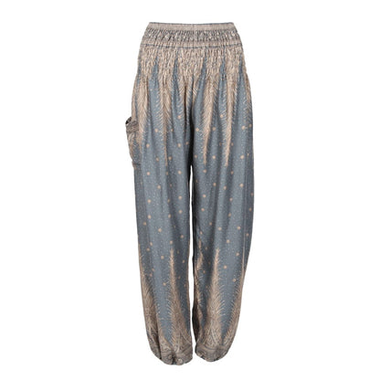 Luxury grey rayon harem trousers for women featuring an elegant feather print, perfect for summer style - One size fits UK 8-16.