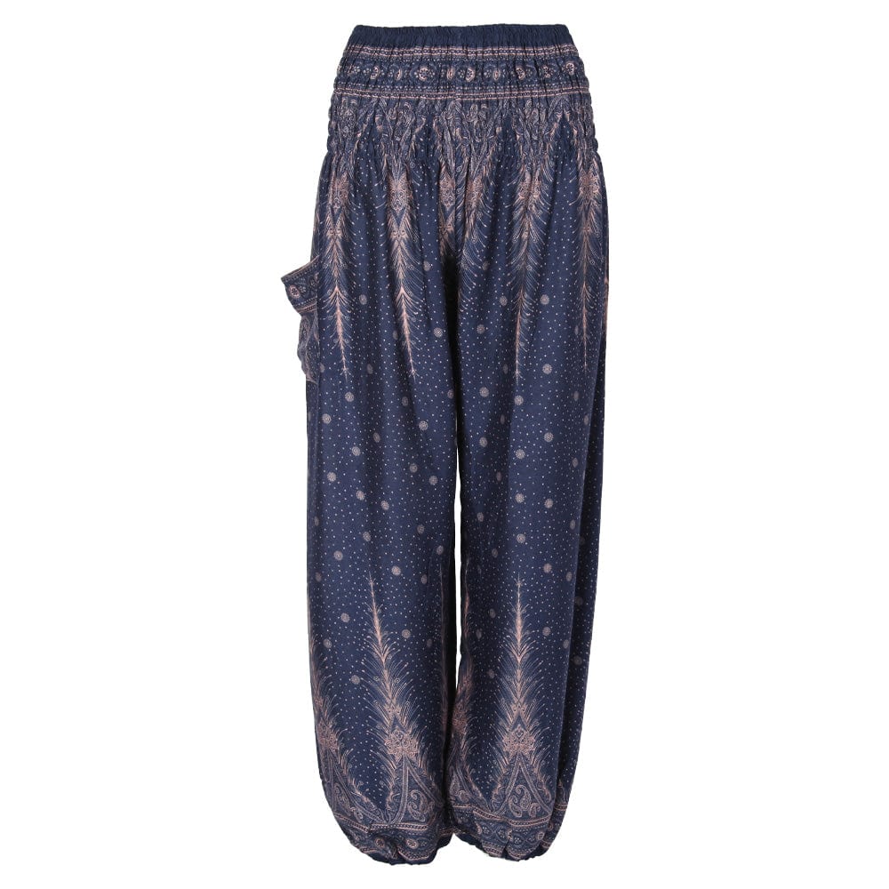 Fashionable women's harem trousers featured in a model shot, showcasing a relaxed fit and elegant style, available in grey and pinky purple options.