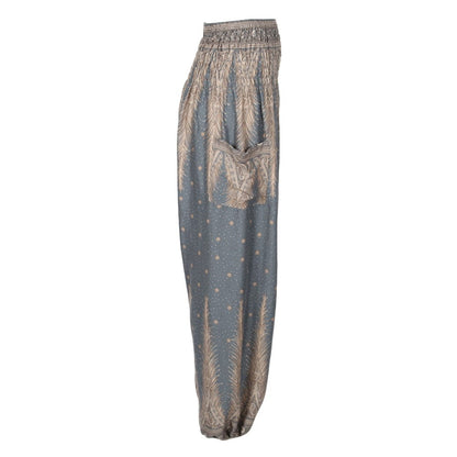 Chic pink rayon harem trousers for women adorned with a delicate feather pattern, ideal for versatile summer outfits - One size fits UK 8-16.