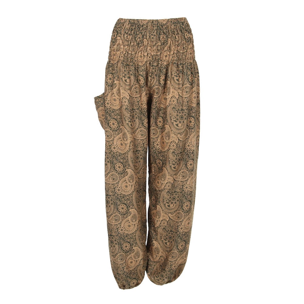 Luxurious coppery brown harem pants with a geometric paisley print, featuring an elegant elasticated waistband and cuffed ankles, ideal for UK sizes 8-16.