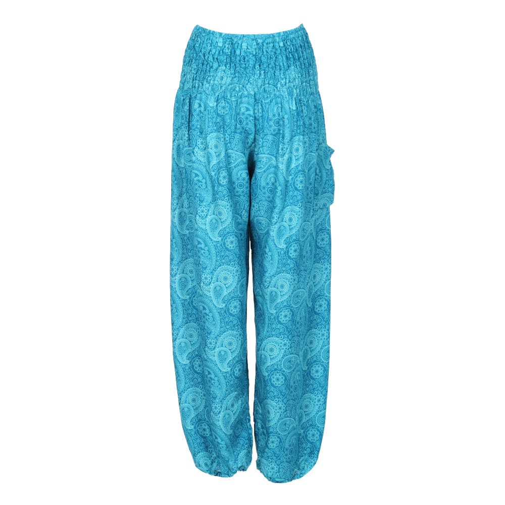 Sophisticated blue paisley harem trousers featuring a luxe elasticated waistband, cuffed ankles, and spacious side pockets, perfect for sizes UK 8-16.