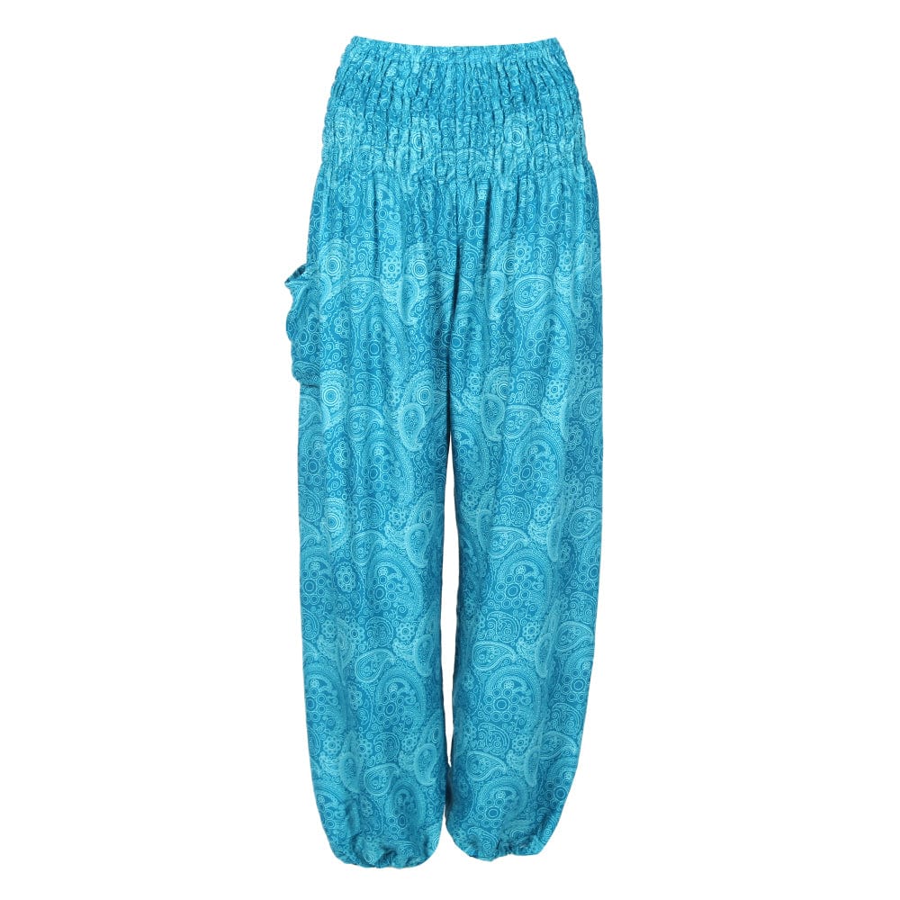 Chic golden green paisley printed harem trousers, designed for comfort with an elasticated waist, suitable for various occasions.