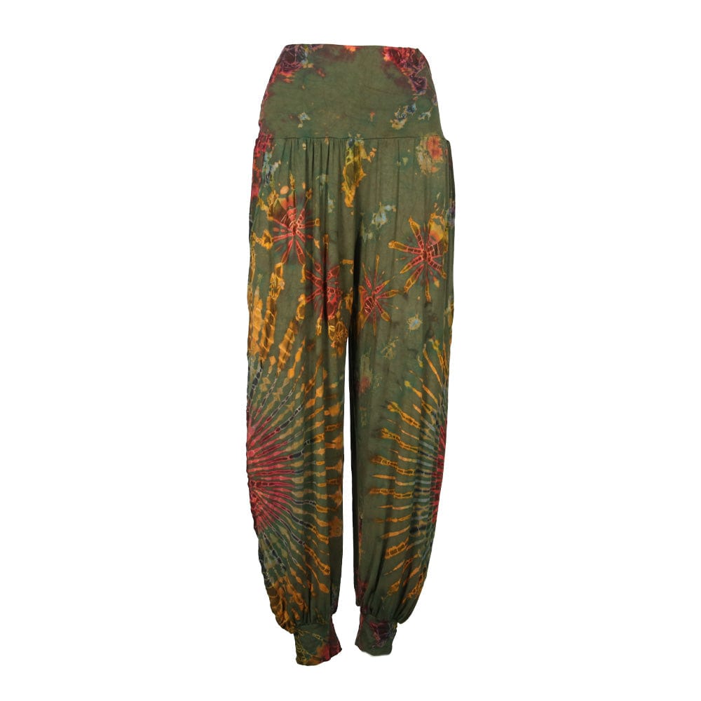 Elegant olive green tie dye harem pants featuring a high waist and wide leg design, perfect for stylish comfort.