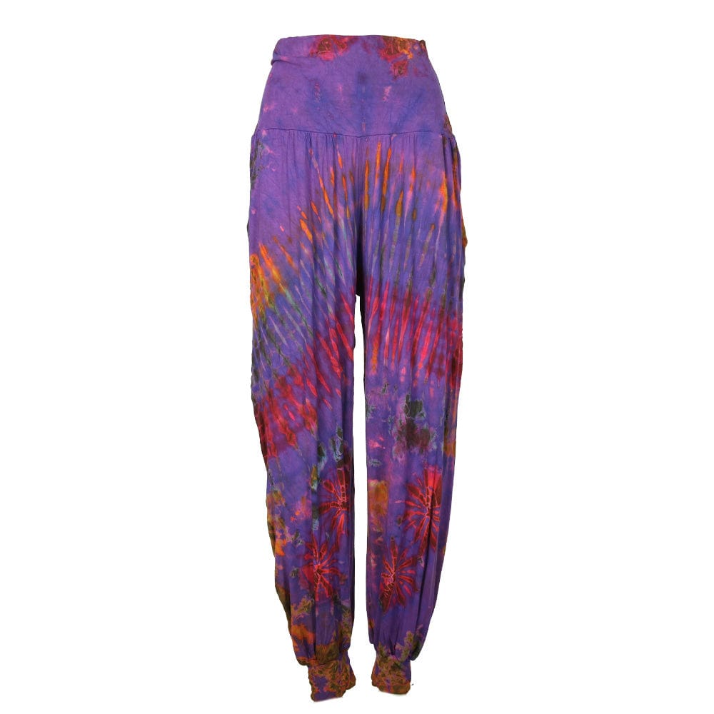 Luxurious olive green tie dye harem pants with pockets, high waist and wide leg, showcasing unique patterns and elegant style for a relaxed yet chic look.