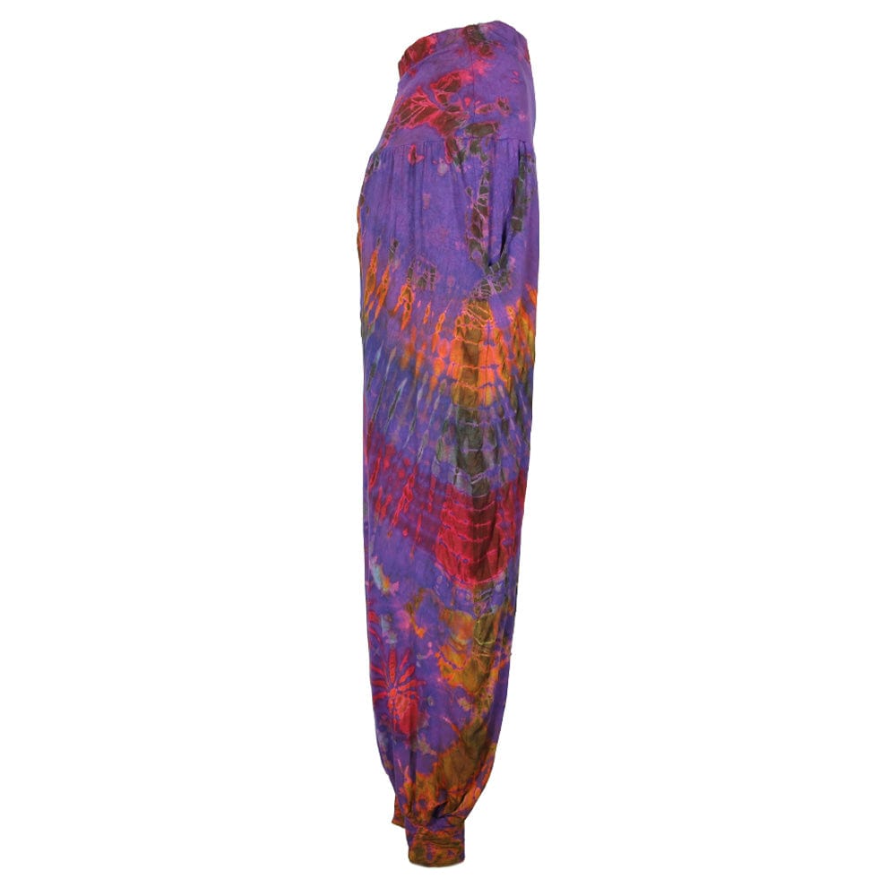 Close-up of unique tie dye patterns on stylish harem pants, showcasing the luxurious fabric blend of spandex and rayon.