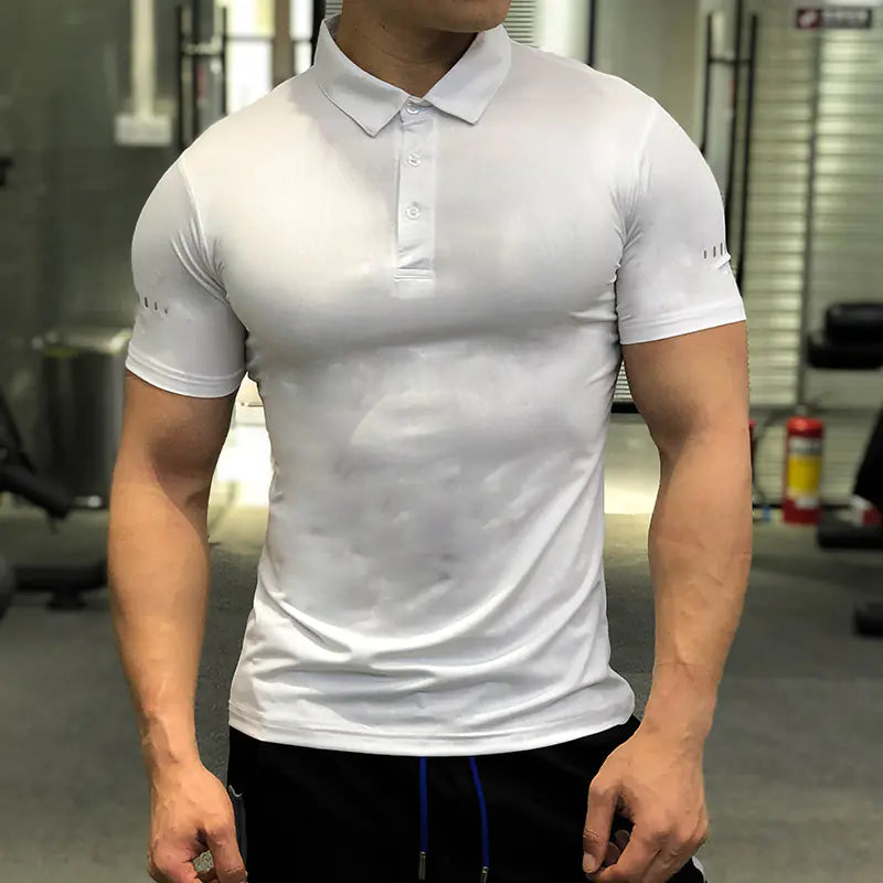 Model wearing Men's Luxury Breathable Compression Shirt, demonstrating its sleek design and perfect fit for fitness enthusiasts.