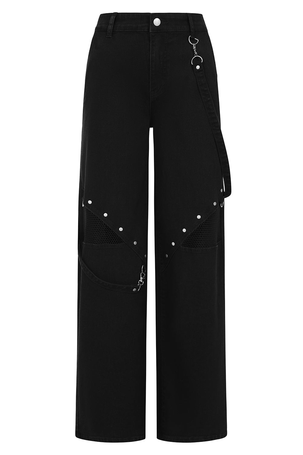 Banned Apparel Cinder Wide Leg Trousers showcasing bold mesh panels and rivet accents, exuding a luxurious gothic style.