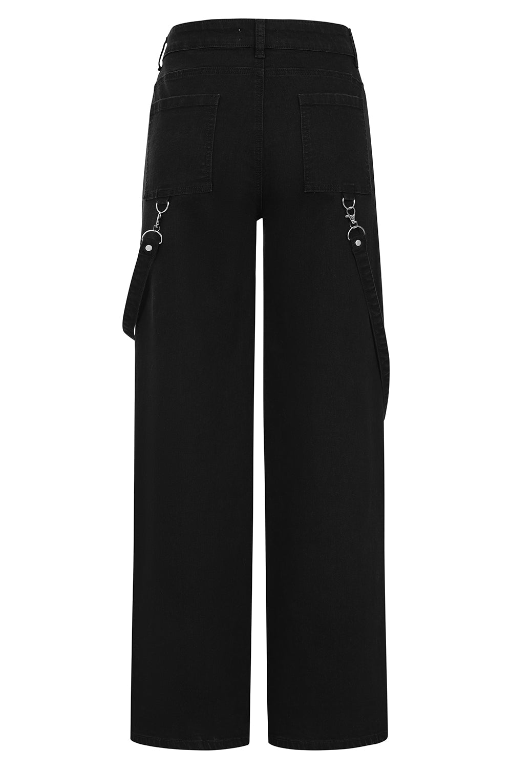 Banned Apparel Cinder Wide Leg Trousers styled with platform boots, highlighting the high-waisted design and detachable accessory for a chic streetwear look.