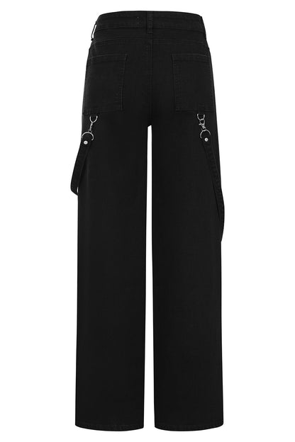 Banned Apparel Cinder Wide Leg Trousers styled with platform boots, highlighting the high-waisted design and detachable accessory for a chic streetwear look.