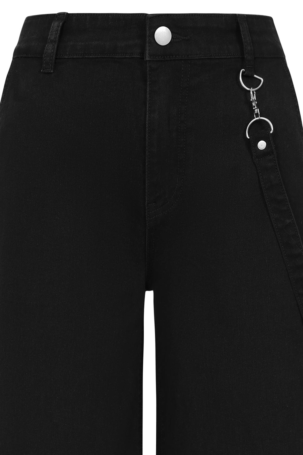 High-waisted Cinder Wide Leg Trousers by Banned Apparel with detachable strap and silver O-rings, showcasing a unique blend of utility and style.
