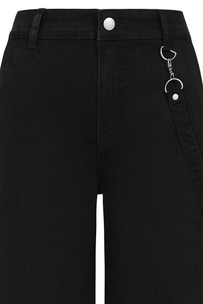 High-waisted Cinder Wide Leg Trousers by Banned Apparel with detachable strap and silver O-rings, showcasing a unique blend of utility and style.