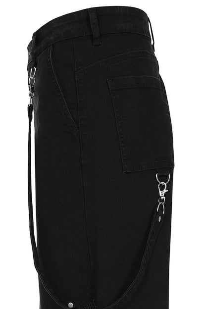 Close-up of Banned Apparel Cinder Trousers, highlighting the textured mesh panels and stylish rivet detailing for an edgy fashion statement.