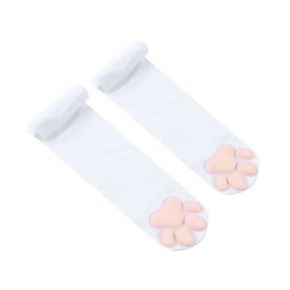 Chic Playful Lolita 3D Cat Claw Sexy Compression Stockings for Women from Dazzling Dreams Studio, showcasing elegant white fabric with soft pink paw prints.