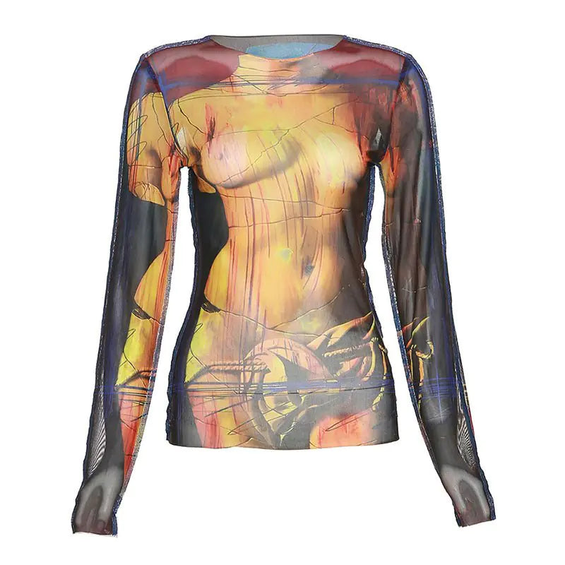 Women's fashion designer Work Of Art Print Mesh Tee