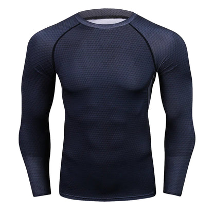 Refined dark navy long sleeve compression shirt for men, featuring a suave design that enhances athletic capability and style.