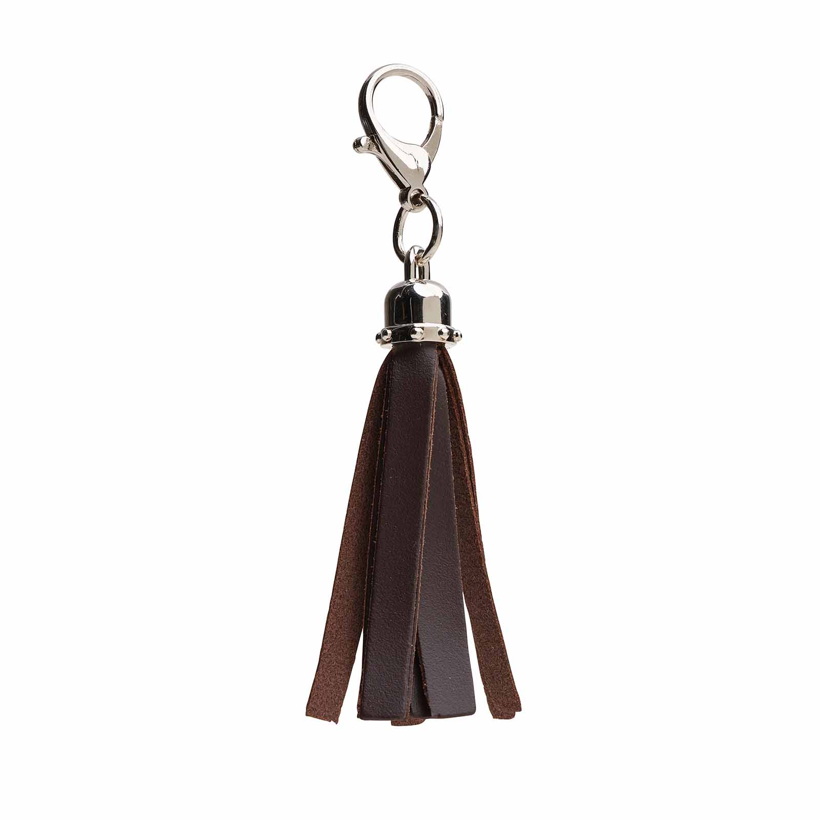 Luxury Dark Brown Mini Tassel Bag Charm handcrafted from premium leather, measuring 100x20mm, showcasing its elegant design and versatility in accessories.