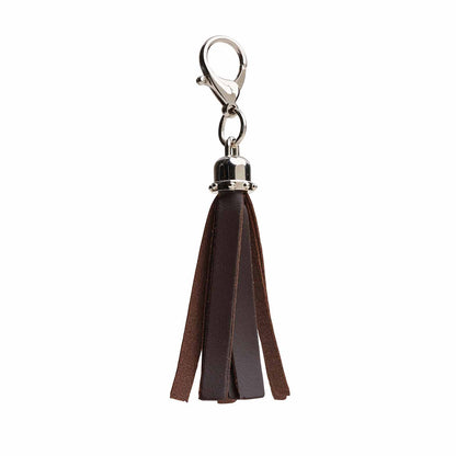 Luxury Dark Brown Mini Tassel Bag Charm handcrafted from premium leather, measuring 100x20mm, showcasing its elegant design and versatility in accessories.