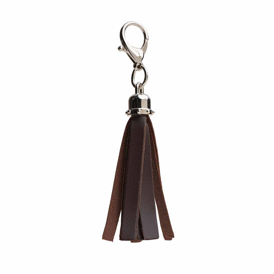 Luxury Dark Brown Mini Tassel Bag Charm handcrafted from premium leather, measuring 100x20mm, showcasing its elegant design and versatility in accessories.