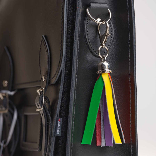 Hand-crafter premium leather mini tassel bag charm in Pride colours, elegantly designed by Zatchels, perfect for personalising bags and accessories.