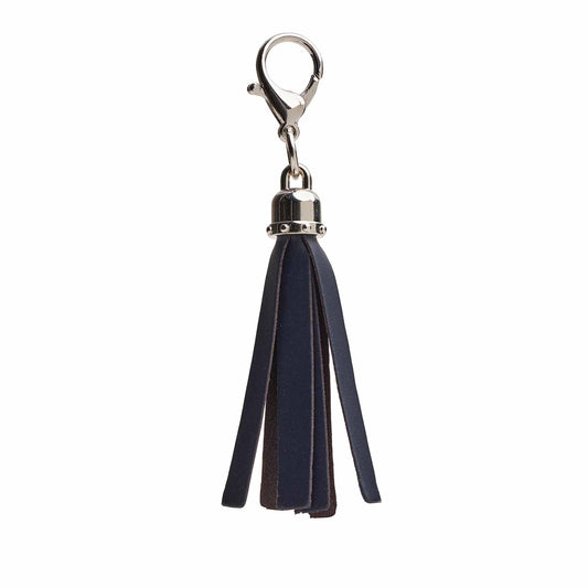 Luxury Hand-Crafted Mini Tassel Bag Charm by Zatchels in navy leather, elegantly designed to enhance any handbag or keychain.