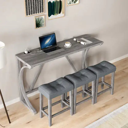 Stylish overhead view of the Apex Artisan Bar and workstation, highlighting the exquisite solid wood table setup with three beautifully tufted light grey stools, ideal for refined entertaining.
