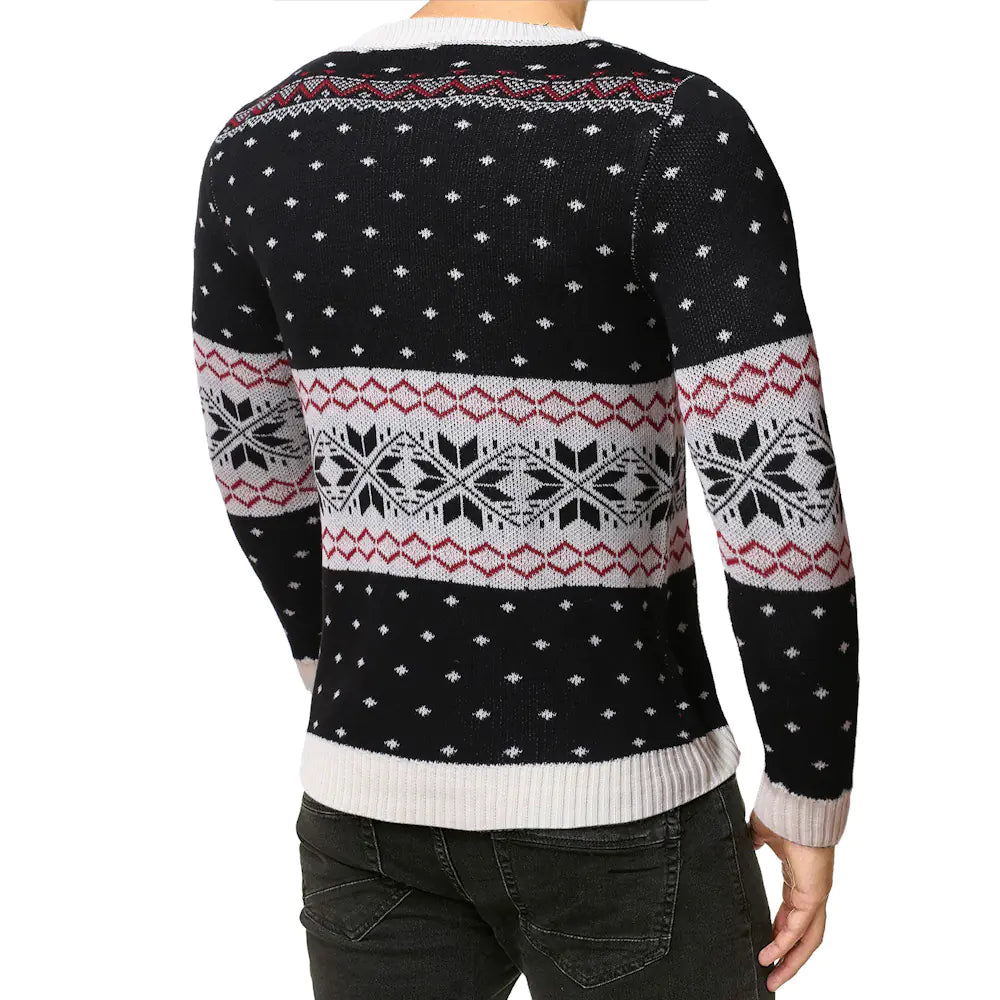Back view of a black reindeer sweater for men, highlighting intricate festive design details perfect for holiday gatherings.