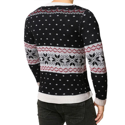 Back view of a black reindeer sweater for men, highlighting intricate festive design details perfect for holiday gatherings.