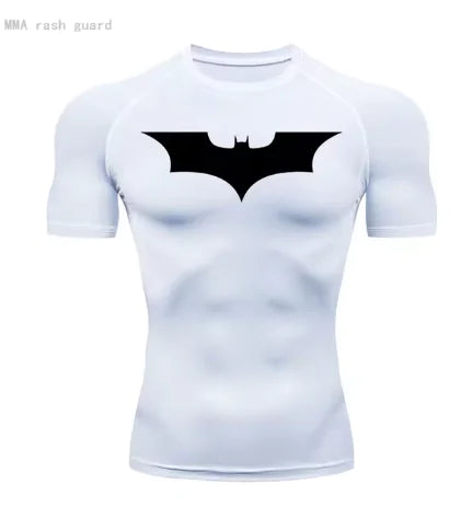 Men's elegant white short sleeve compression shirt with a striking black Batman logo, combining style and protective features.