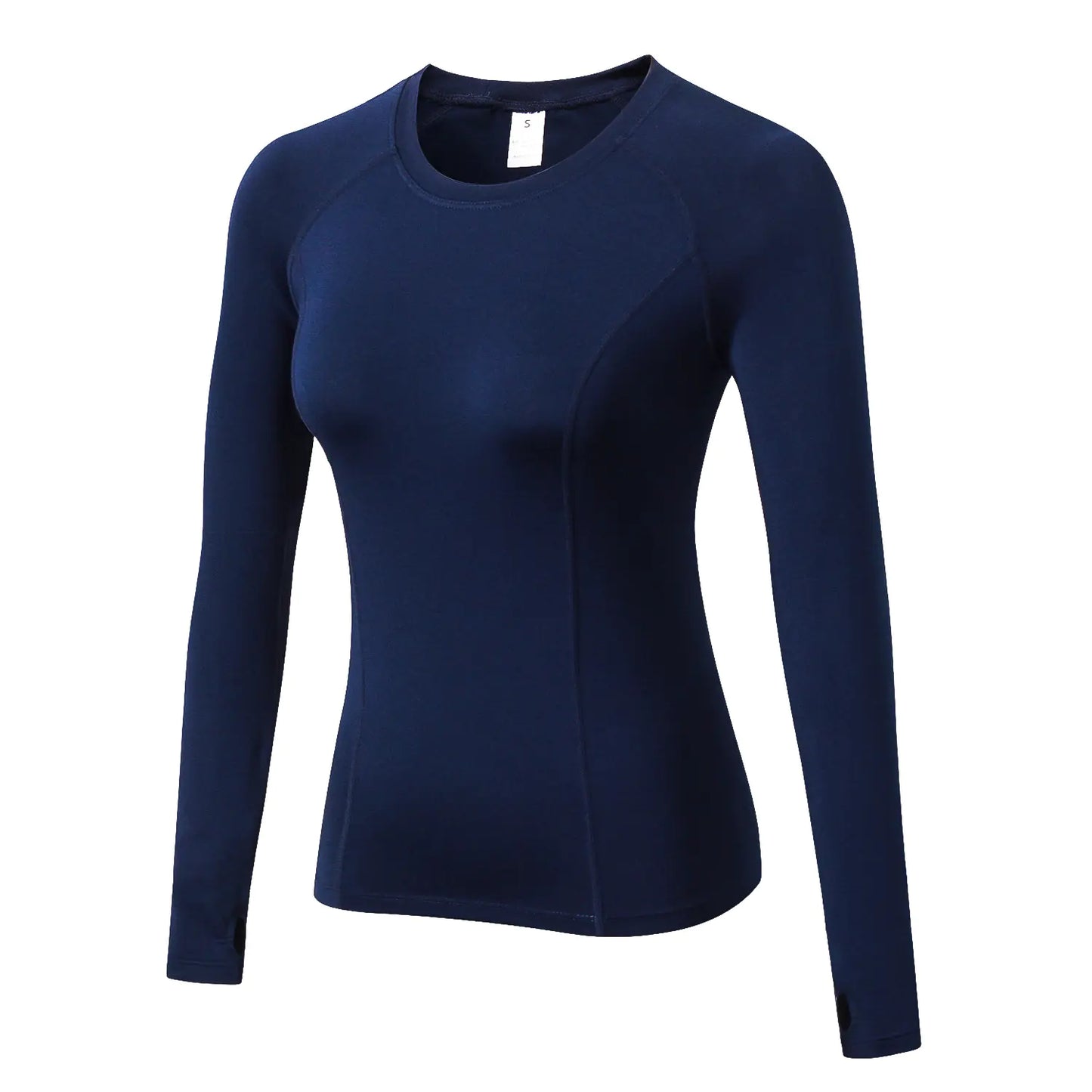 Stylish women's long sleeve compression shirt in deep navy blue, designed for athletic performance with moisture-wicking technology and a comfortable fit.