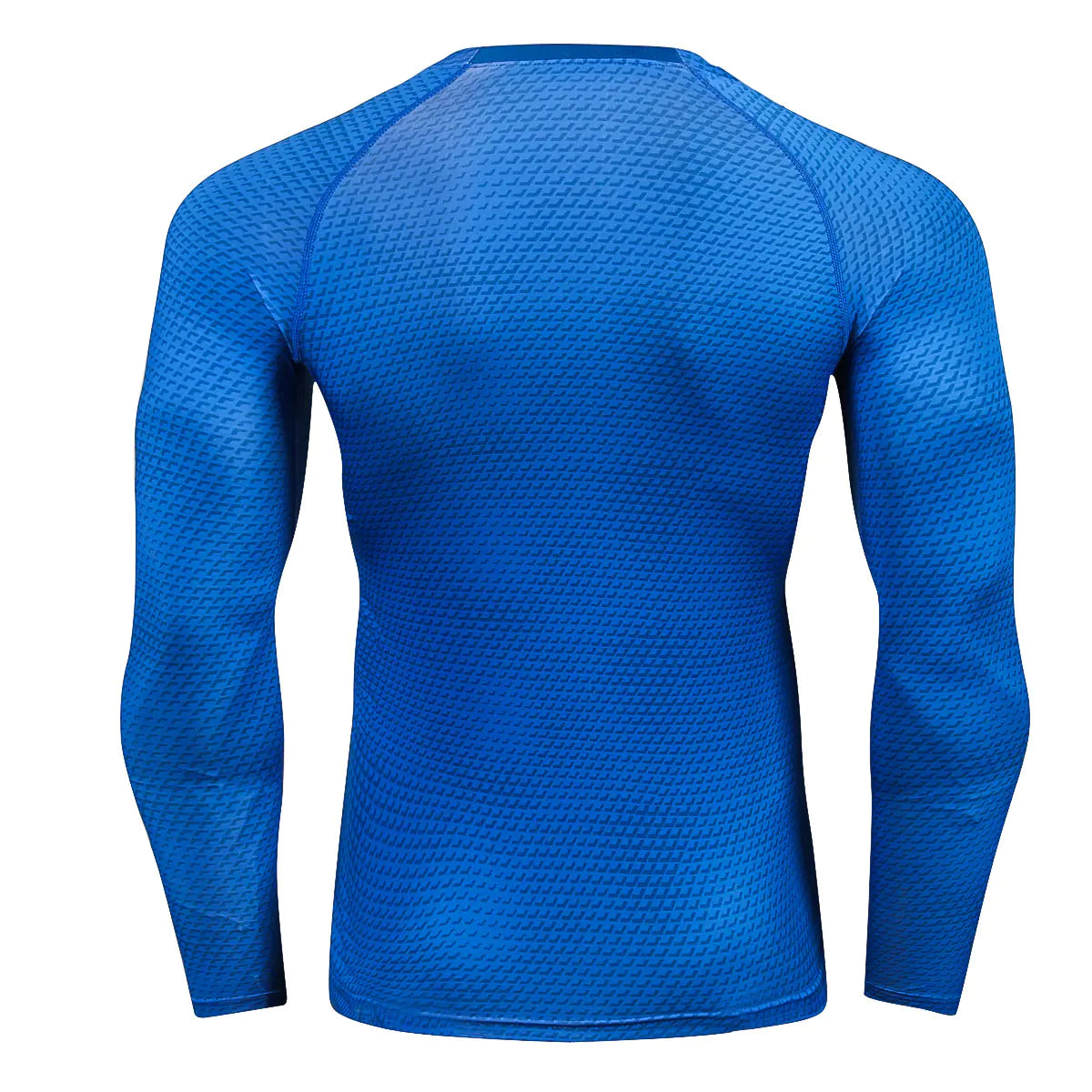 Elegant back view of a blue long sleeve compression workout shirt, showcasing a contemporary honeycomb texture for superior breathability.