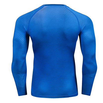 Elegant back view of a blue long sleeve compression workout shirt, showcasing a contemporary honeycomb texture for superior breathability.