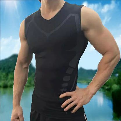 Premium black compression training shirt with a form-fitting design and breathable fabric, suitable for both gym and outdoor sports.