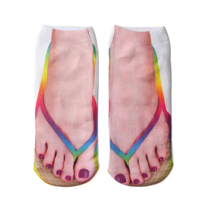 Vibrant Women's Novelty Gift Super Comfy Manicure Print Socks featuring a striking rainbow flip-flop design and polished toenails, perfect for making a bold fashion statement.